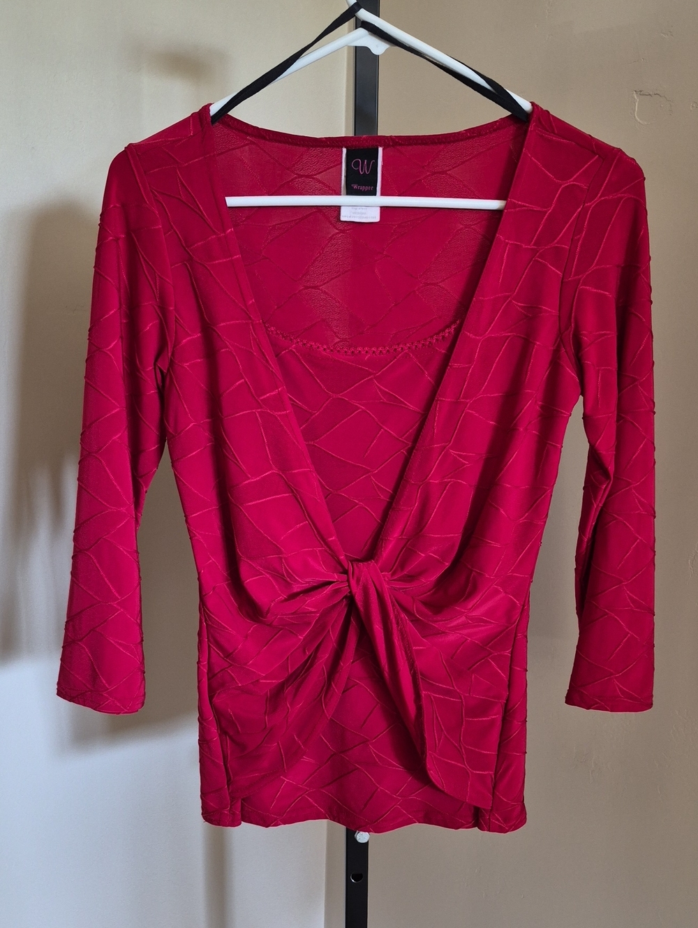 Vintage Wrapper Red Textured Faux Wrap Tie Front Blouse Top Size Medium